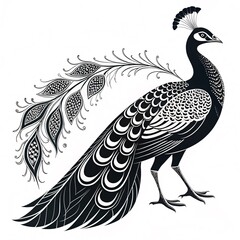 Minimalist and Graceful Black-and-White Line Art Illustration of a Majestic Peacock, Perfectly Isolated on a Clean White Background
