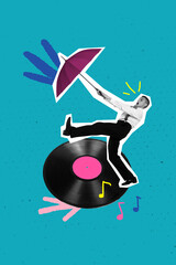 Art image vertical photo collage of astonished man hold umbrella weather rain cyclone stand vinyl disk record party music event