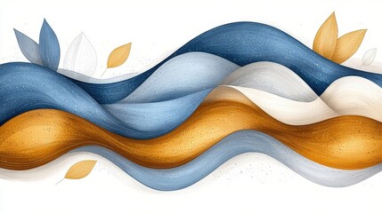 Obraz premium Abstract Curved Waves in Blue, Gold and White with Delicate Leaves, Modern Art Background Design