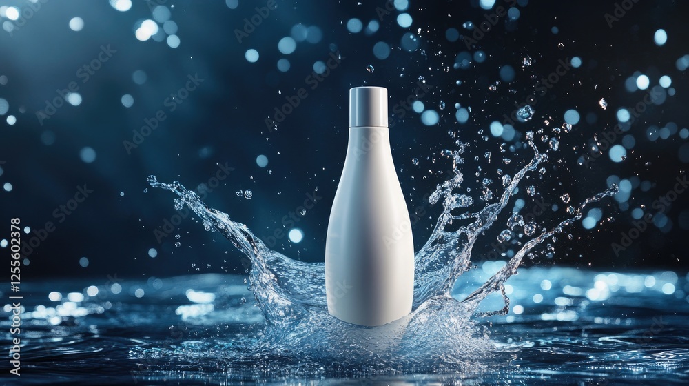Poster a sleek cream bottle with a vibrant water splash around it, droplets flying in all directions, captu