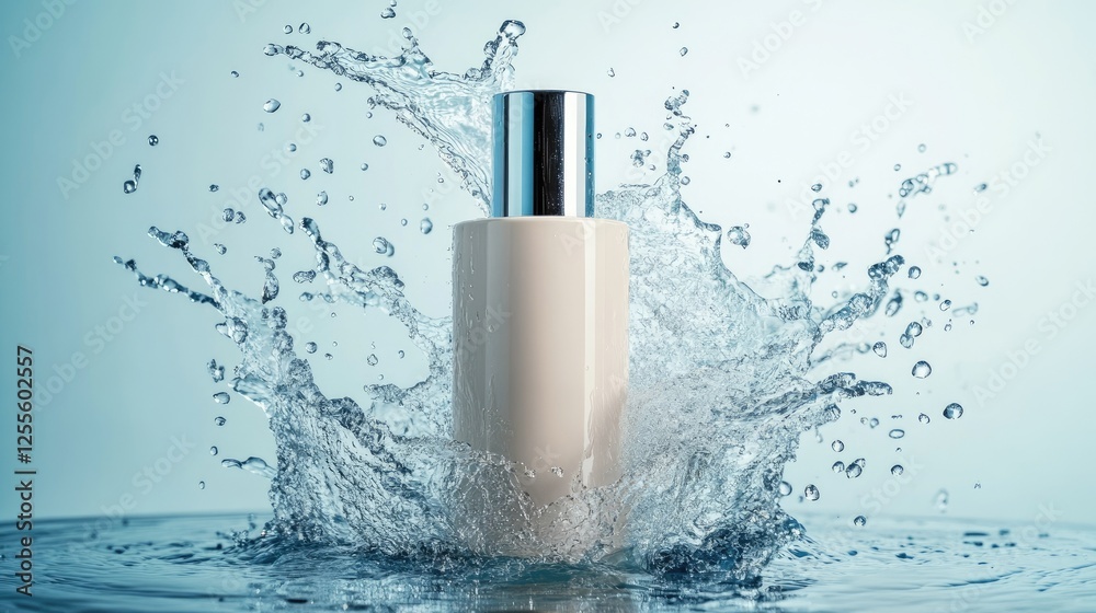 Poster a sleek cream bottle with a vibrant water splash around it, droplets flying in all directions, captu