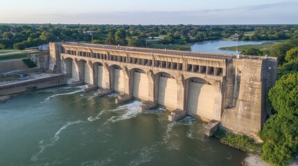 Fototapeta premium Water management event at dam riverbank location aerial view of infrastructure natural environment