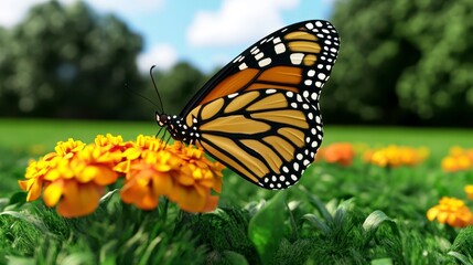 Fototapeta premium Close up view of a butterfly on bright orange flowers in a lush green garden, soft focus background with blurred trees and sky, natural outdoor