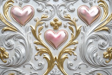 Ornate Gold and Silver Hearts Decorative Panel