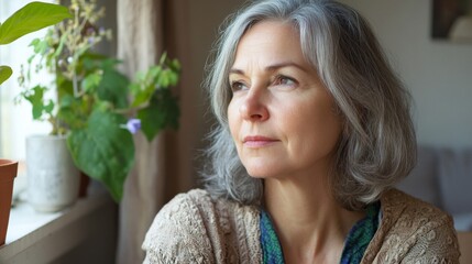 Fototapeta premium Thoughtful Senior Woman Contemplating Life by the Window