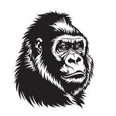Obraz premium Bold black tattoo-style illustration vector of a gorilla head in vintage engraving style. Highly detailed, fierce expression, perfect for logos, prints, and designs. Wildlife Animals.