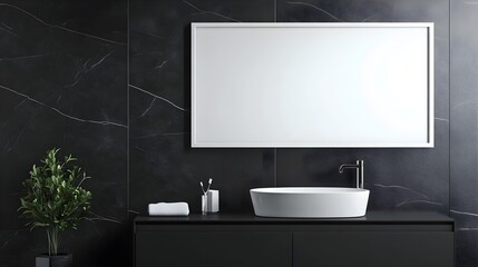 A stylish monochrome bathroom with black marble tiles and a sleek white frame above the sink.