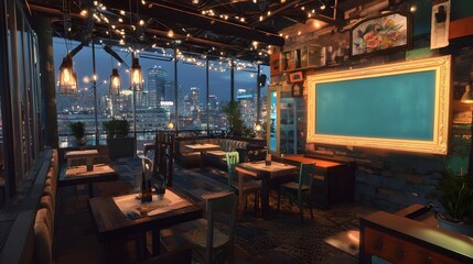 Fototapeta premium A stylish rooftop restaurant with city views, lush decor, and a blank framed canvas.