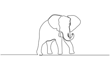 Continuous line of walking standing elephant. Single one line art of wild elephant, One continuous line illustration of an elephant, isolated on white background.