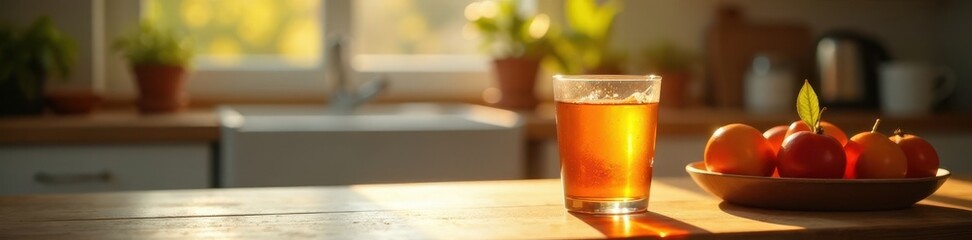 Amber liquid gleams in a glass, morning sun illuminates the kitchen scene , pure, kitchen, morning glow