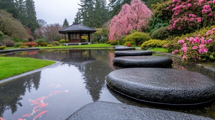 Fototapeta premium A peaceful Japanese garden scene, featuring a pond with wet rocks and fish, a traditional wooden teahouse, and vibrant pink flowers. Water reflects