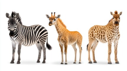 Three animals, a zebra and two giraffes, isolated against a white background, full body, standing straight, side by side, showcasing their unique