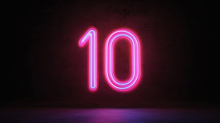 Glowing Pink Neon Number Ten on Dark Background
