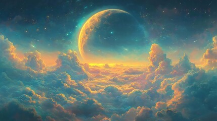 Celestial Cloudscape: Warm light illuminates vibrant cloudscape below a crescent planet. AI Generated