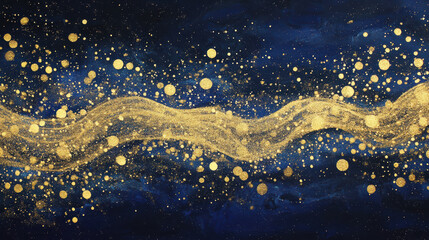 Fototapeta premium dynamic canvas of shimmering gold particles on deep blue background creates mesmerizing visual effect. flowing lines and scattered dots evoke sense of movement and elegance