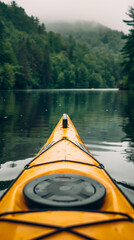Fototapeta premium first-person view kayak water lake trees sky reflection surrounding scenery outdoor adventure