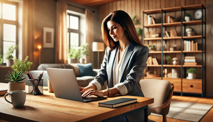 A businesswoman in a well-lit home office, engaged in a video conference on his laptop