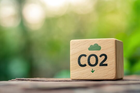 Wooden cube with CO2 and downward arrow symbol on nature background.