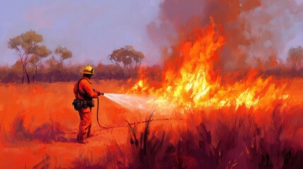 Fototapeta premium Firefighter battling brush fire in remote area action scene outdoor environment dynamic perspective