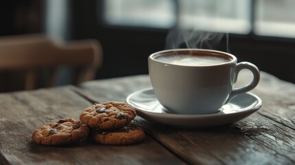 A steaming cup of coffee paired with freshly baked cookies on a rustic wooden table, perfect for a cozy, peaceful afternoon break