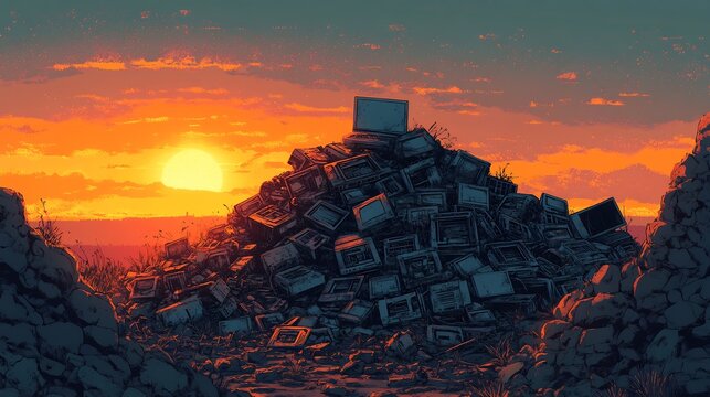 Sunset illuminates towering e-waste pile somber landscape. AI Generated