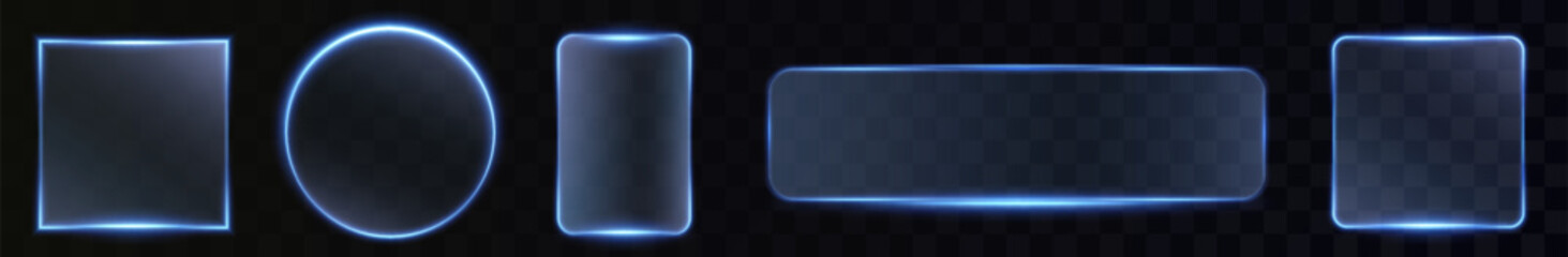  futuristic neon light frame with a glowing blue rectangular border, perfect for digital tech designs. Featuring a transparent, illuminated effect with LED flares, circular and oval shapes, and a mode © Виктория Проскурина
