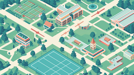 Colorful campus map illustration with trees and buildings
