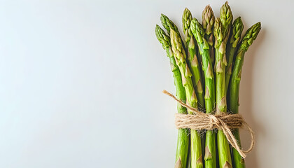 Fresh green asparagus tied with twine, minimal background, healthy eating concept.