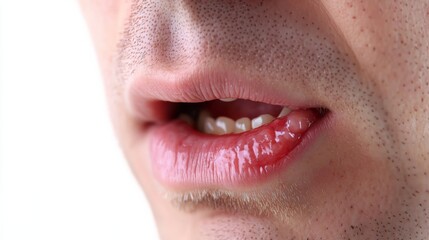 Fototapeta premium Close-up of a person's mouth showing a sore or injury. Medical condition of the mouth