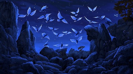 A flock of blue birds fly across a dark blue starry sky amidst rocky cliffs during nighttime