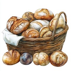 Assorted Breads in Rustic Basket Illustration