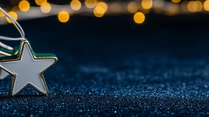 White and Gold Stars on Dark Glitter Background with Warm Lights