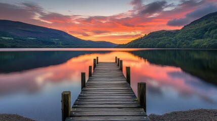 Fototapeta premium Serene Lakeside Sunset with Wooden Pier: A Peaceful Nature Escape