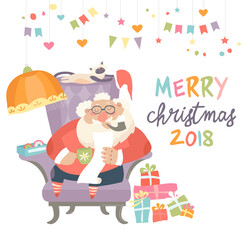 Santa Claus sitting in armchair and reading letter. Vector illustration