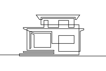 Abstract house in continuous line art drawing style. Two-storey family home with terrace black linear design isolated on white background. Vector illustration