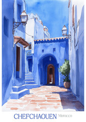 Naklejka premium Chefchaouen Morocco travel illustration. Poster print decor canvas wall art gift