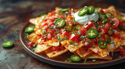 A plate of crispy nachos loaded with cheese, jalapeÃ±os, guacamole, and sour cream