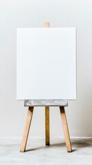 White Blank Canvas on Wooden Easel Against Neutral Wall