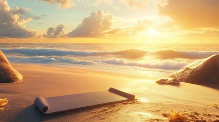 A tranquil beach scene with a yoga mat on the sand, ocean waves in the distance, and golden light enveloping the scene, perfect for mindful movement