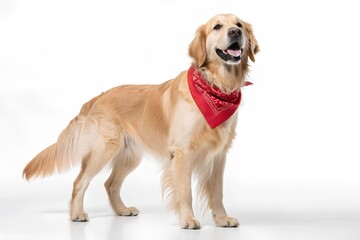 golden retriever wearing red bandana isolated on white