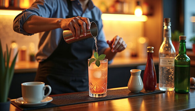 Bartender pouring a cocktail in a home bar setup, essential tools and ingredients, professional mixing techniques