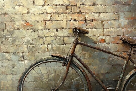 Vintage bicycle leaning against a textured brick wall, evoking nostalgia and urban charm