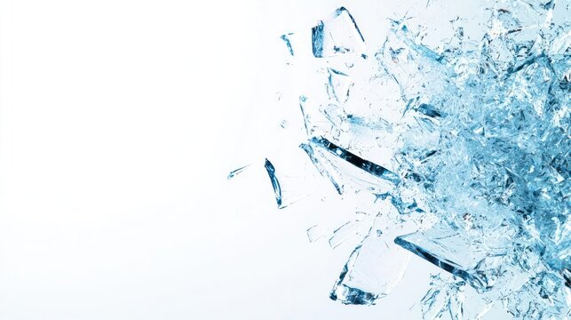 Shattered Blue Glass Explosion on White Background