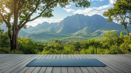 A tranquil yoga mat on a wooden deck with a mountain backdrop, perfect for mindful exercises and enjoying the surrounding peaceful nature