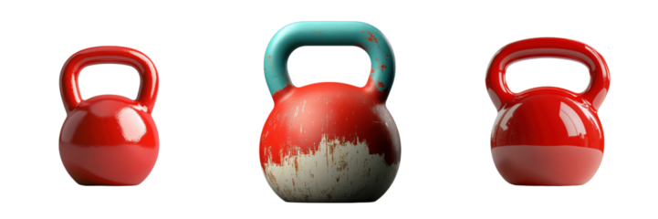 Gym equipments portable concept. Three kettlebells in varying colors and conditions, showcasing their unique designs and textures.