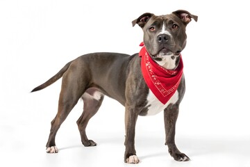 Pitbull wearing red bandana standing in front of white background
