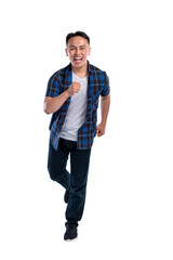 Portrait of an Asian Indonesian man in a shirt posing with a happy expression isolated over a white...