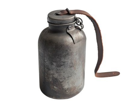 Vintage metal canteen with a leather strap, showcasing rustic charm and aged patina. Isolated on transparent white background, png