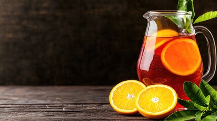 Fototapeta premium Orange Infused Iced Tea in Glass Pitcher on Wooden Table