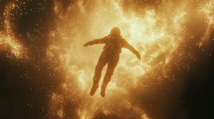 Naklejka premium Weightless Astronaut Floating Amidst a Glowing Stellar Event